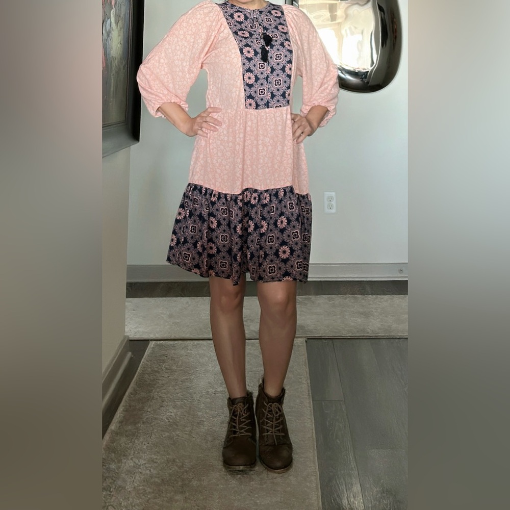 Bobeau Pink and Navy Patterned Blouse